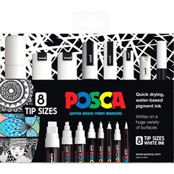 Uni Posca Paint Marker Wallet Assorted Tip Sizes White Pack Of 8