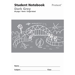 Protext Student Note Book 250 x 175mm Single Ruled 10mm 64 Page Dark Grey