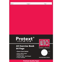 Protext Premium Exercise Book A5 64 Page 8mm Feint Ruled Red Margin E10