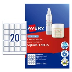 Avery Crystal Clear Labels L7126 45 x 45mm Square Clear 20UP 200 Labels 10 Sheets