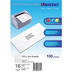 Unistat Laser Copier & Inkjet Labels 105x37mm 16UP 1600 Labels 100 Sheets